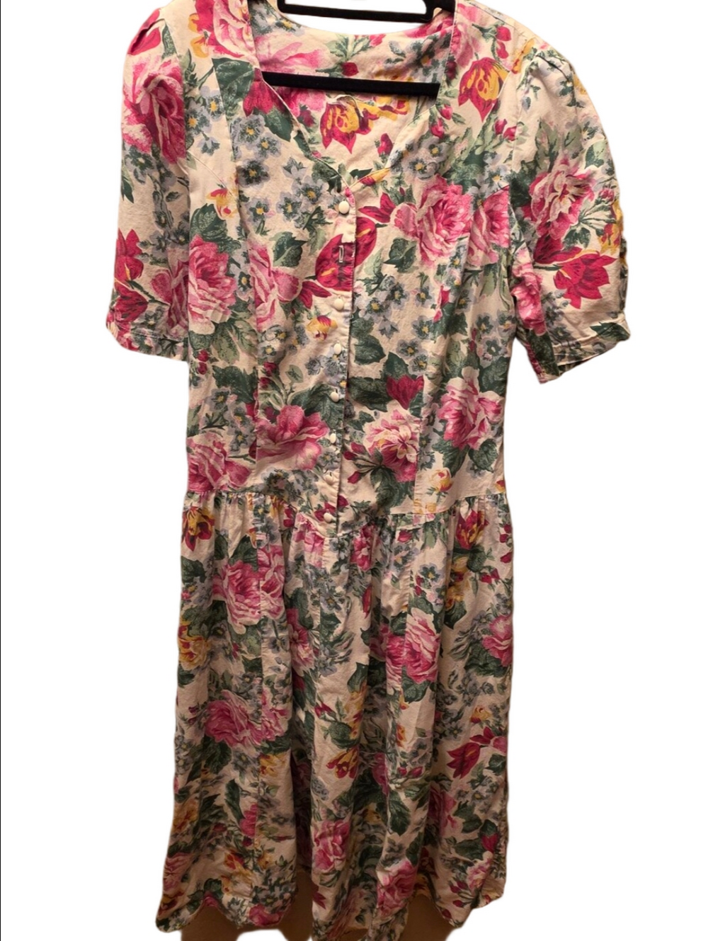 Vintage 90s Pink And Green Floral Button Front Cottagecore Midi Dress Size L XL